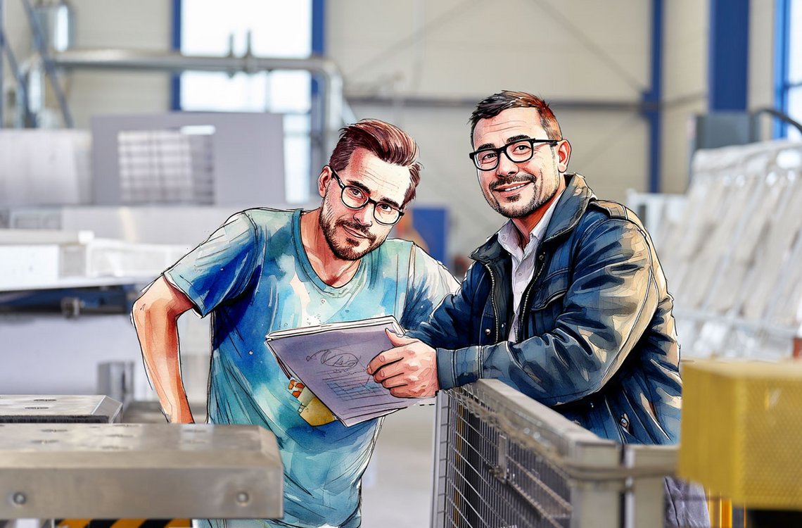 Zwei Mitarbeiter nebeneinander. Die Person rechts hält ein elektrisches Gerät in den Händen.