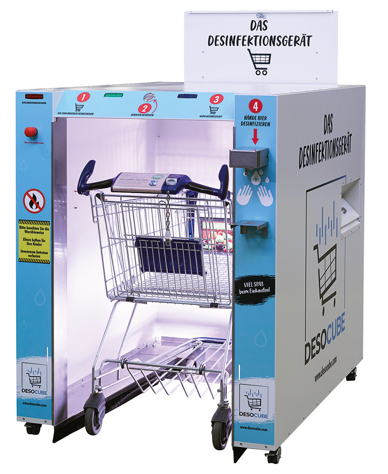 The DESO CUBE disinfects within a few seconds the hands of the user as well as the surfaces of the cart.