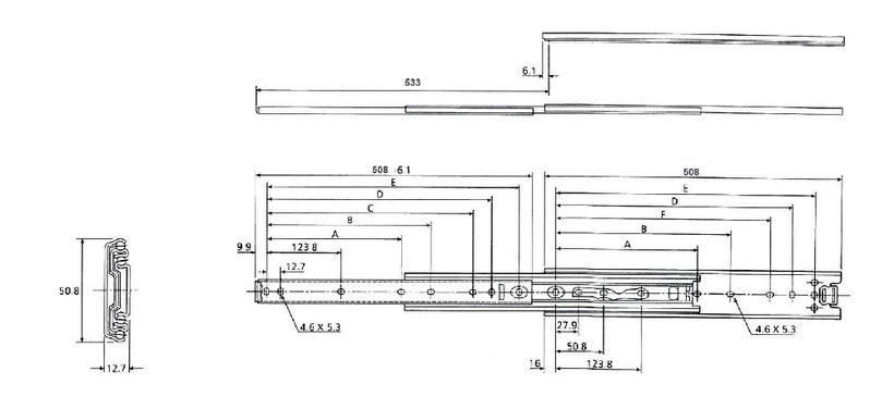 Telescopic slides, over-extension, rear-mounted locking device Telescopic slides, over-extension, rear-mounted locking device